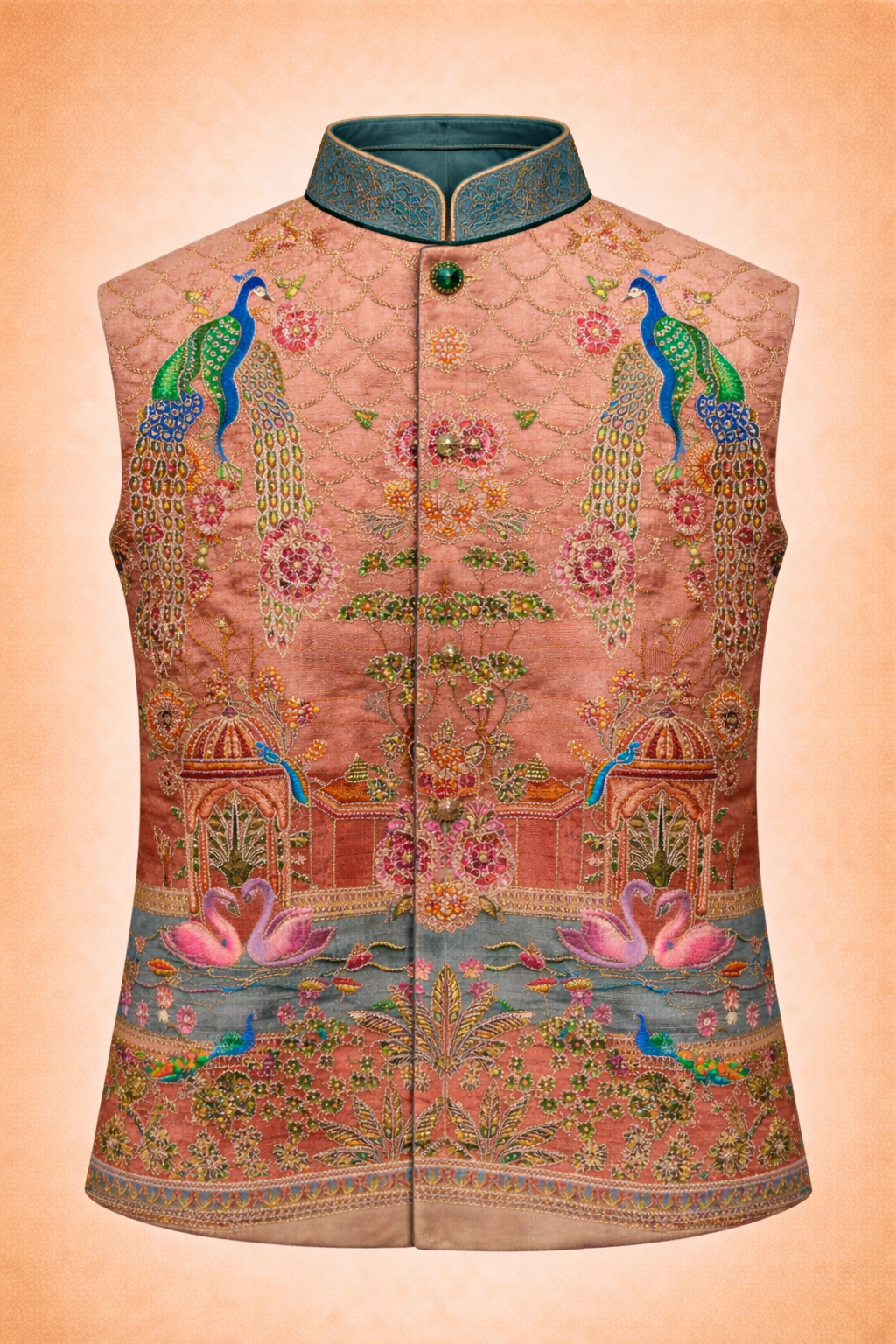 Men Peach Ethnic Peacock & Floral Embroidered Nehru Jacket