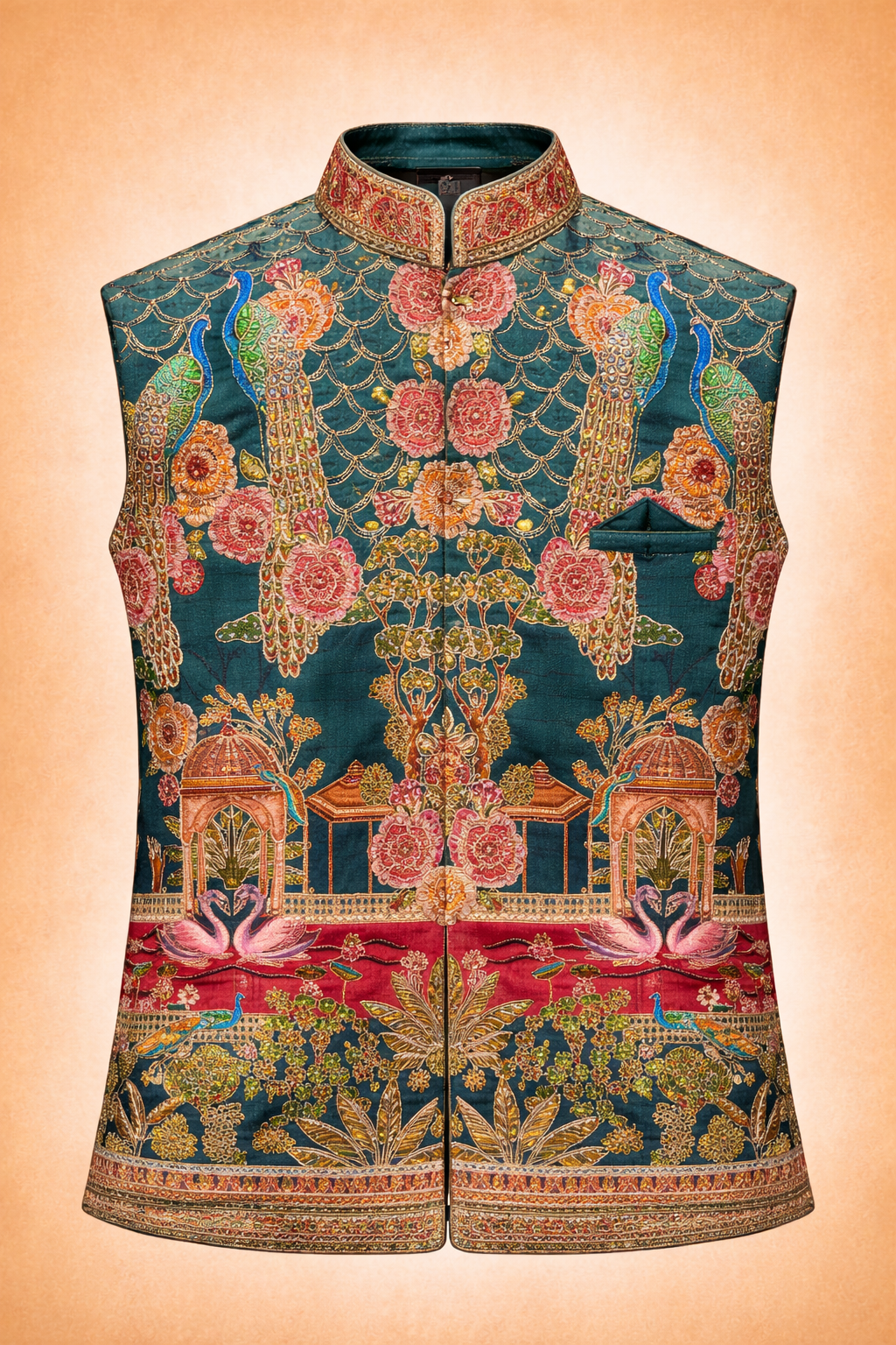 Men Teal Green Ethnic Peacock & Floral Embroidered Nehru Jacket
