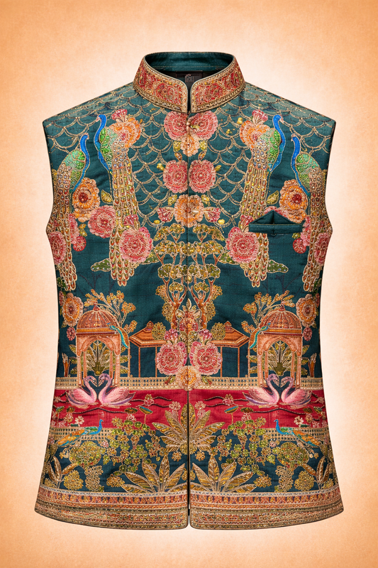 Men Teal Green Ethnic Peacock & Floral Embroidered Nehru Jacket