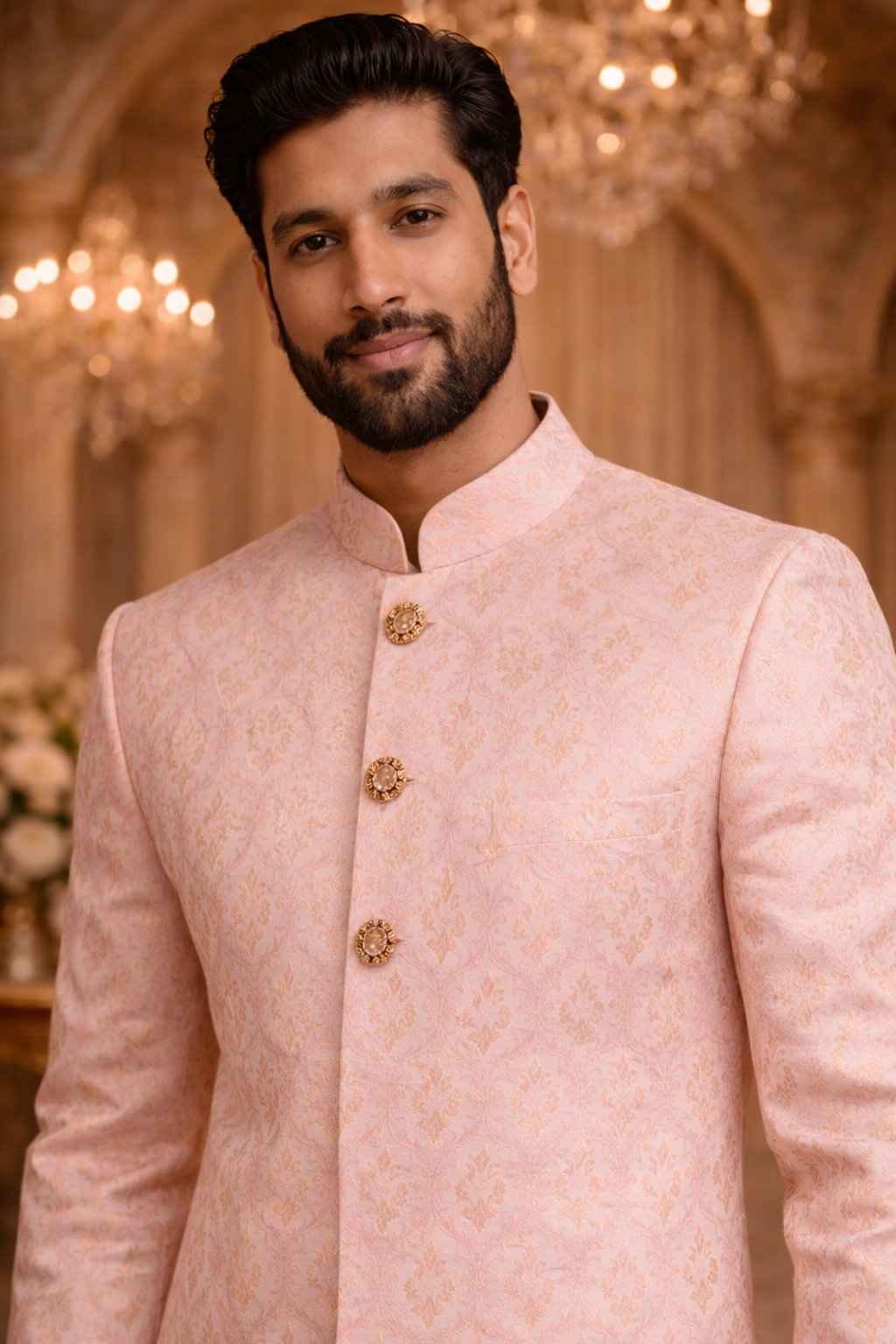 Men Baby Pink & Gold Woven Pattern Kurta with Ethnic Semi Indo