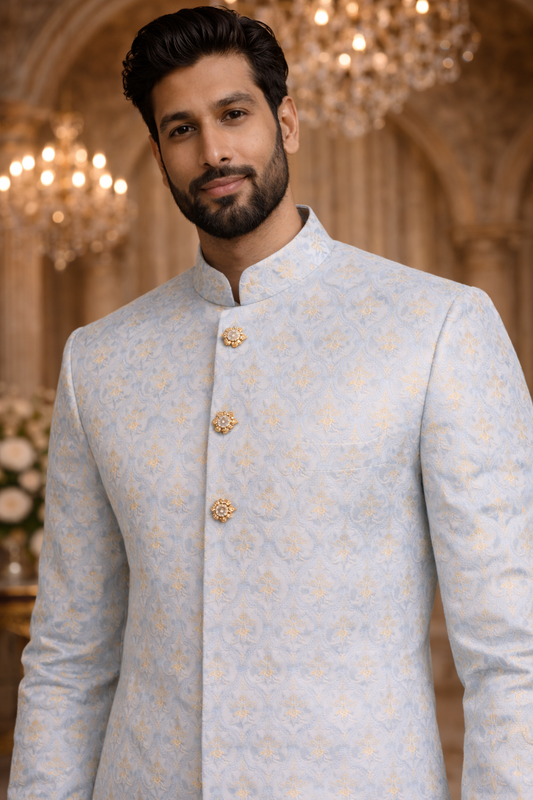Men Sky Blue & Gold Woven Pattern Kurta with Ethnic Semo Indo