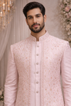 Men Baby Pink Embroidered Ethnic Kurta Jacket Set