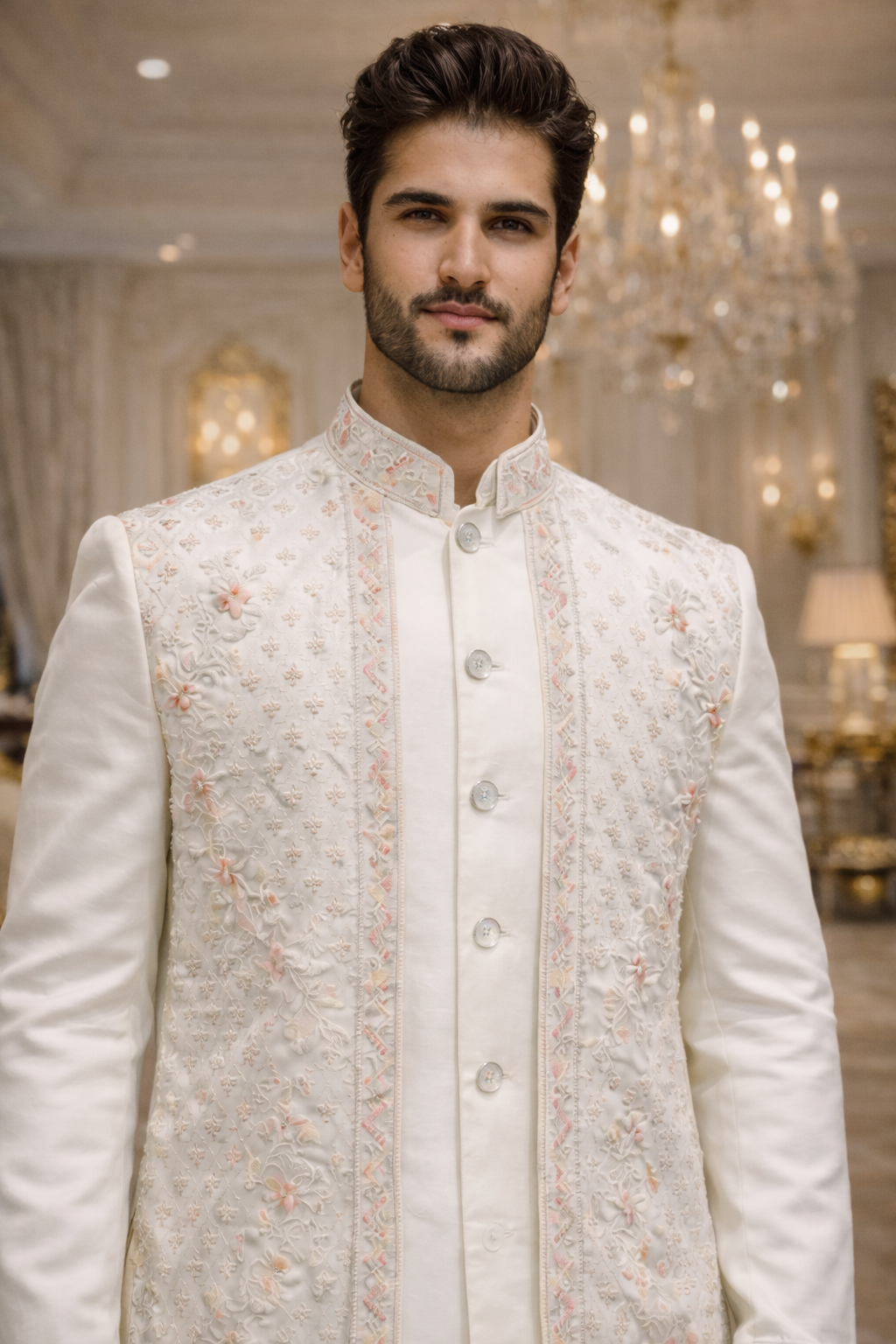 Men White Embroidered Ethnic Kurta Jacket Set