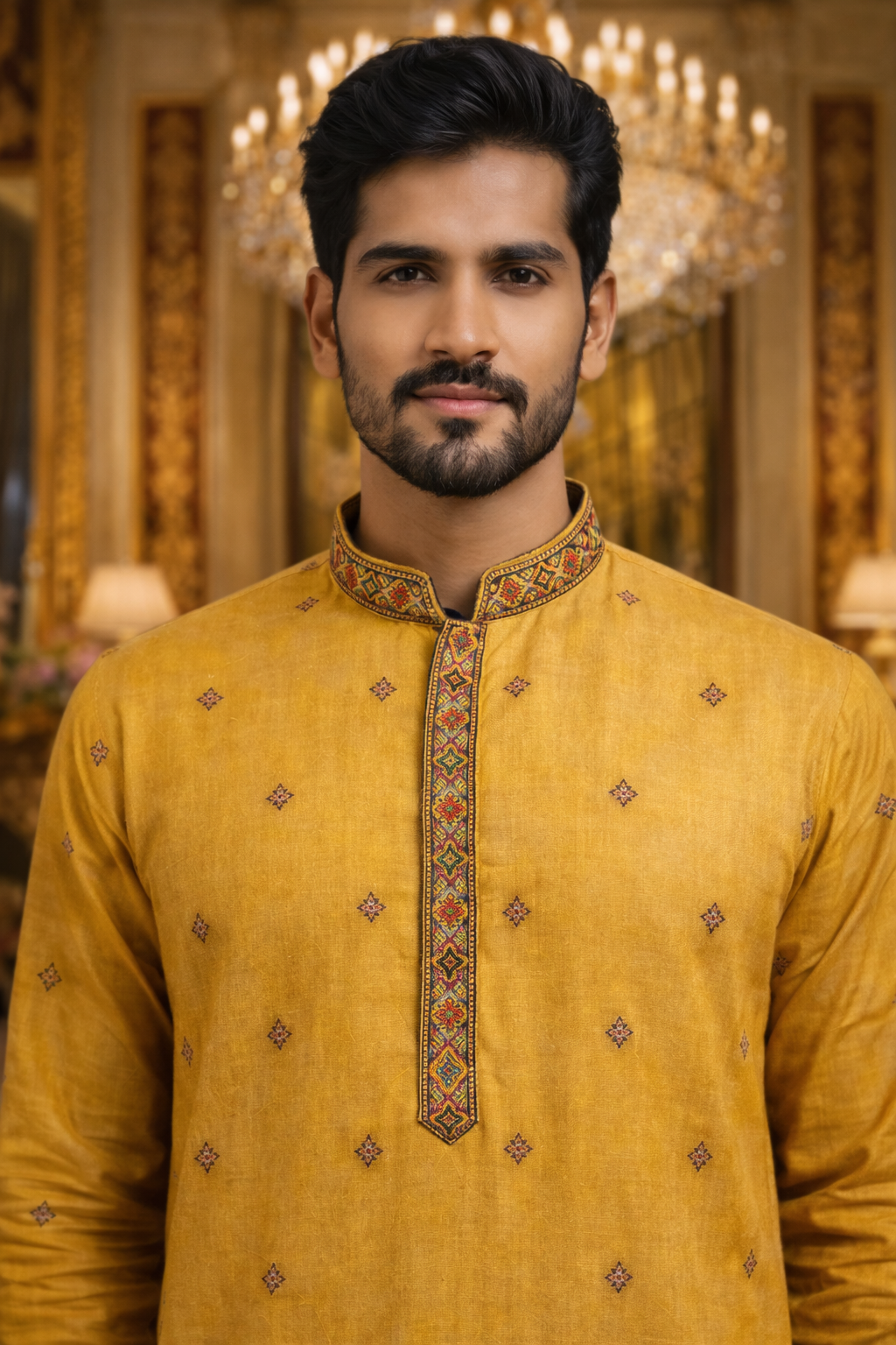 Men Mustard Yellow Self Design Printed Kurta with White Ethnic Pant Set