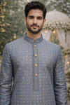 Men Steel Blue Self Design Woven Kurta with White Ethnic Pant Set