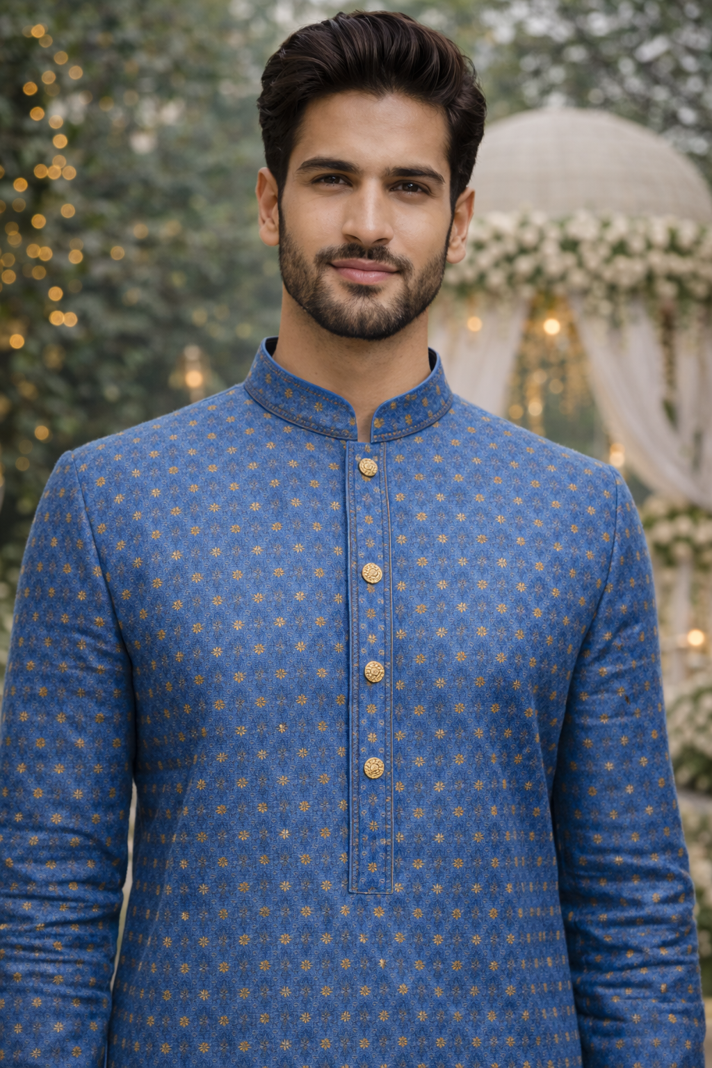 Men Blue Self Design Woven Kurta with White Ethnic Pant Set