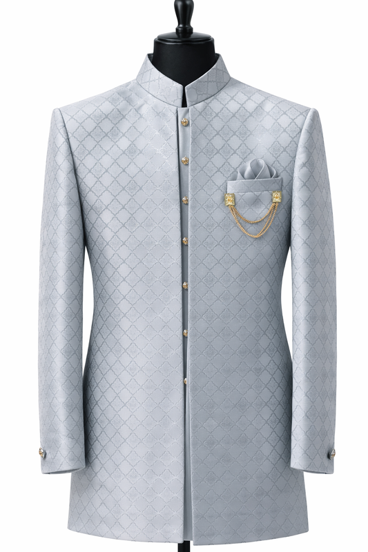 Men’s Steel Blue Jacquard Self-Patterned Indo-Western Sherwani