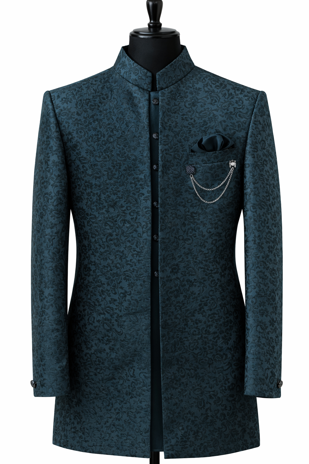Men’s Teal Blue Jacquard Self-Patterned Indo-Western Sherwani