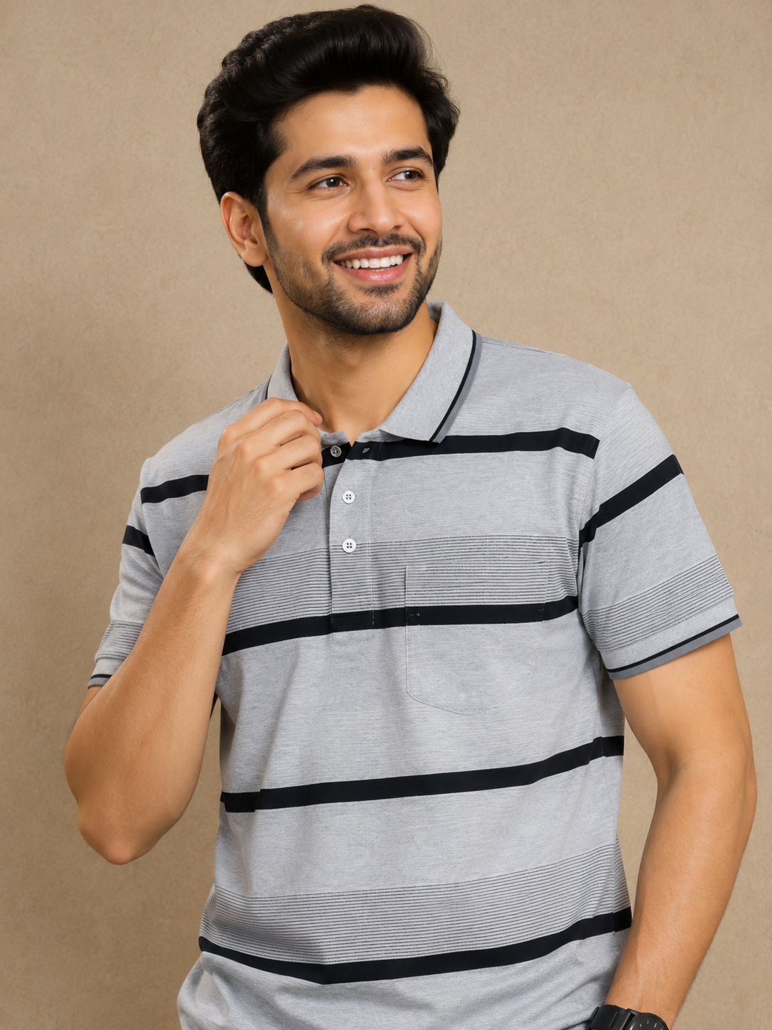 Men's Grey Striped Polo T-Shirt |