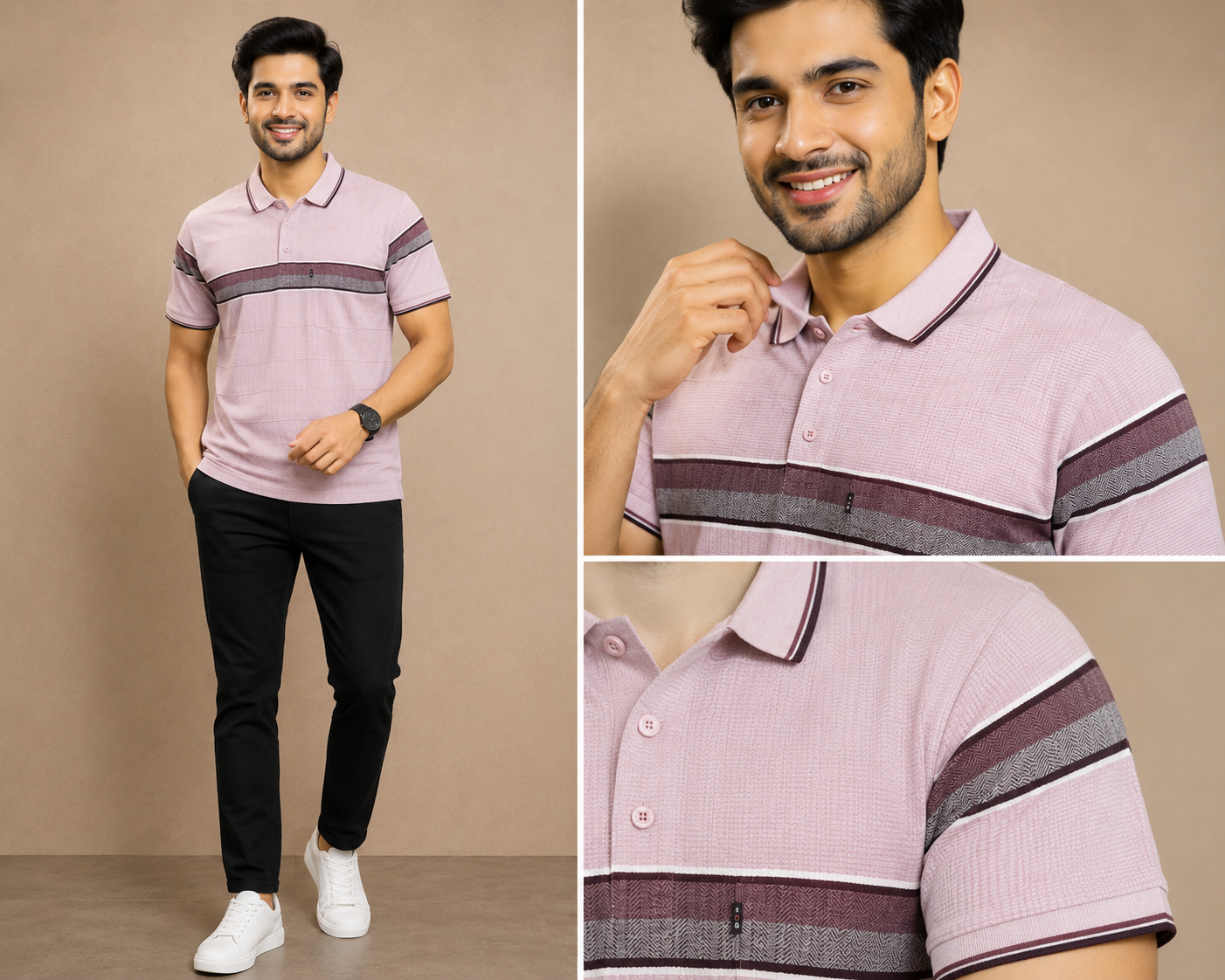 Men's Premium Pink Striped Polo T-Shirt |