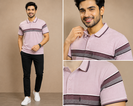 Men's Premium Pink Striped Polo T-Shirt |