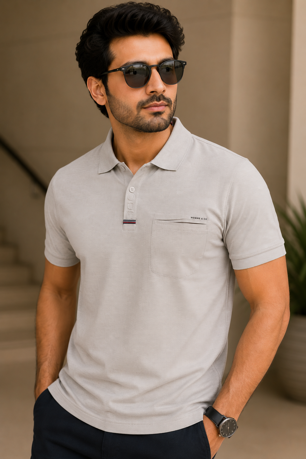 Men’s Light Grey Textured Polo T-Shirt