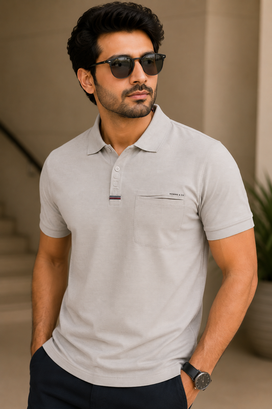 Men’s Light Grey Textured Polo T-Shirt