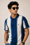 Title: Men’s Navy Blue & White Vertical Striped Polo T-Shirt