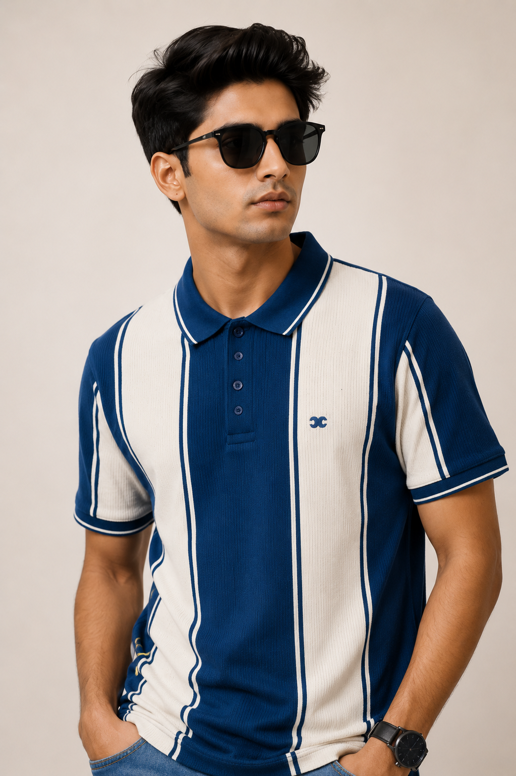 Title: Men’s Navy Blue & White Vertical Striped Polo T-Shirt