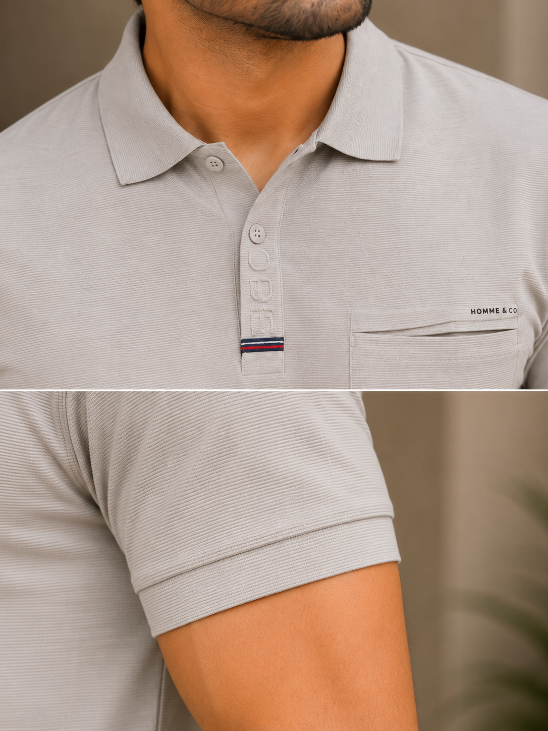 Men’s Light Grey Textured Polo T-Shirt