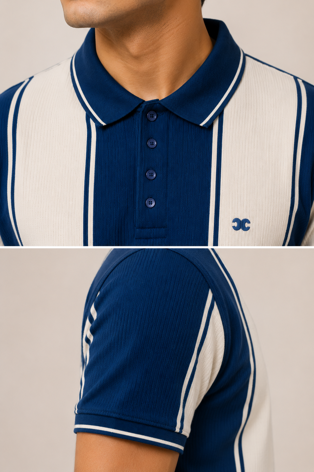 Title: Men’s Navy Blue & White Vertical Striped Polo T-Shirt