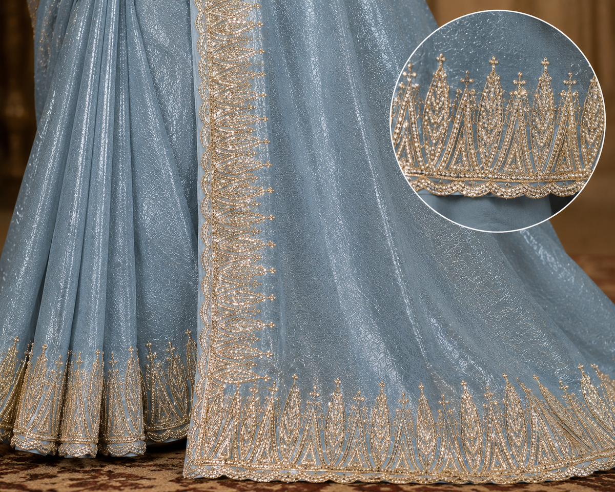 Women's Powder Blue Woven Silk Saree with Elegant Zari Border