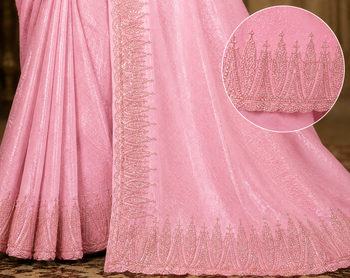 Women's Blush Pink Woven Silk Saree with Elegant Golden Border