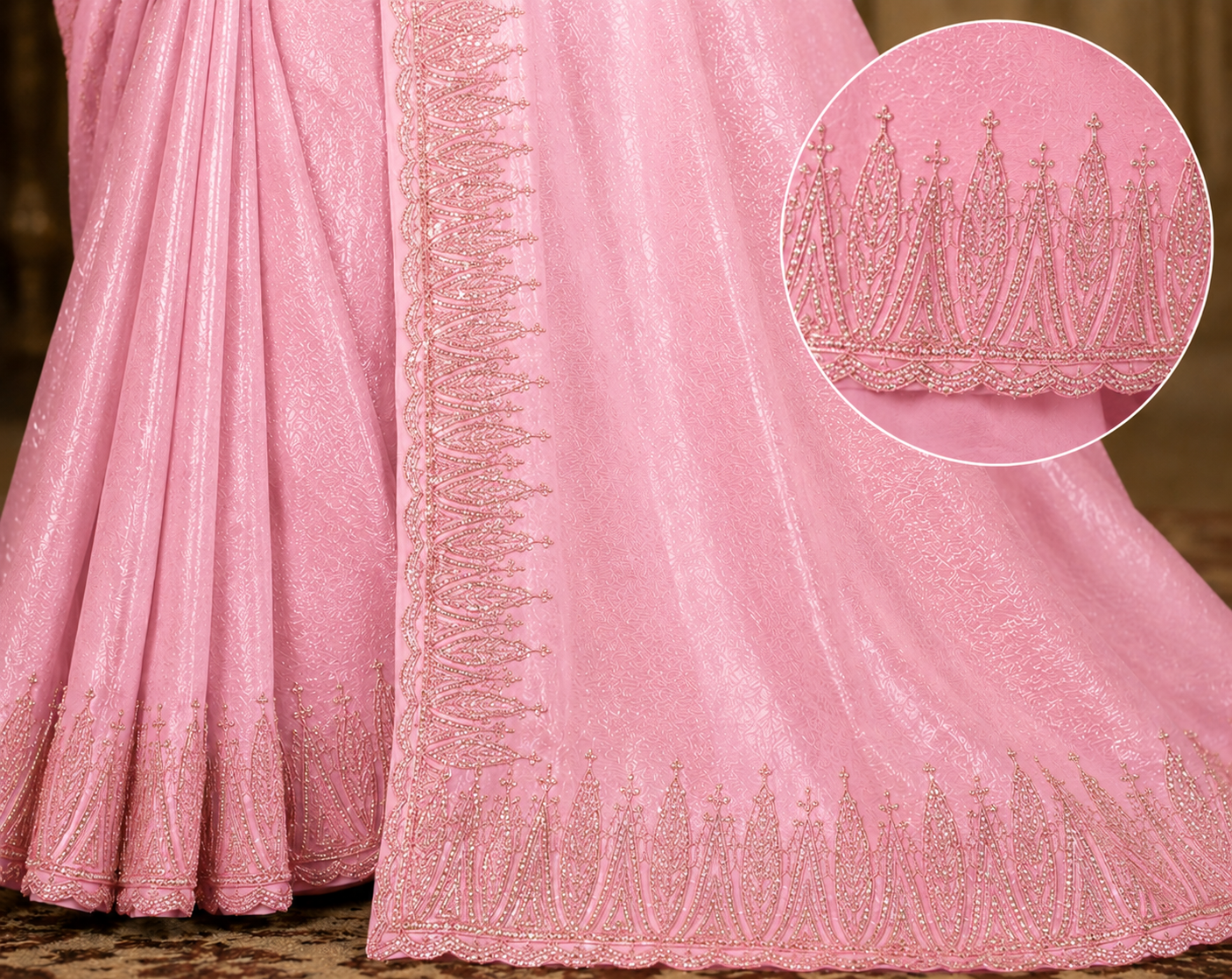 Women's Blush Pink Woven Silk Saree with Elegant Golden Border