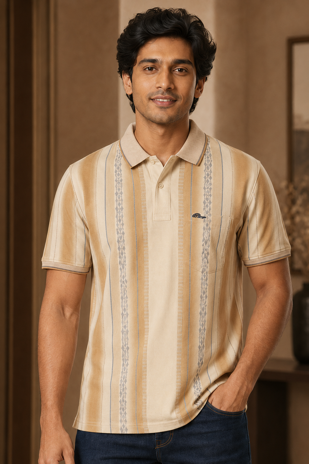 Men’s Beige Vertical Stripe Polo T-Shirt