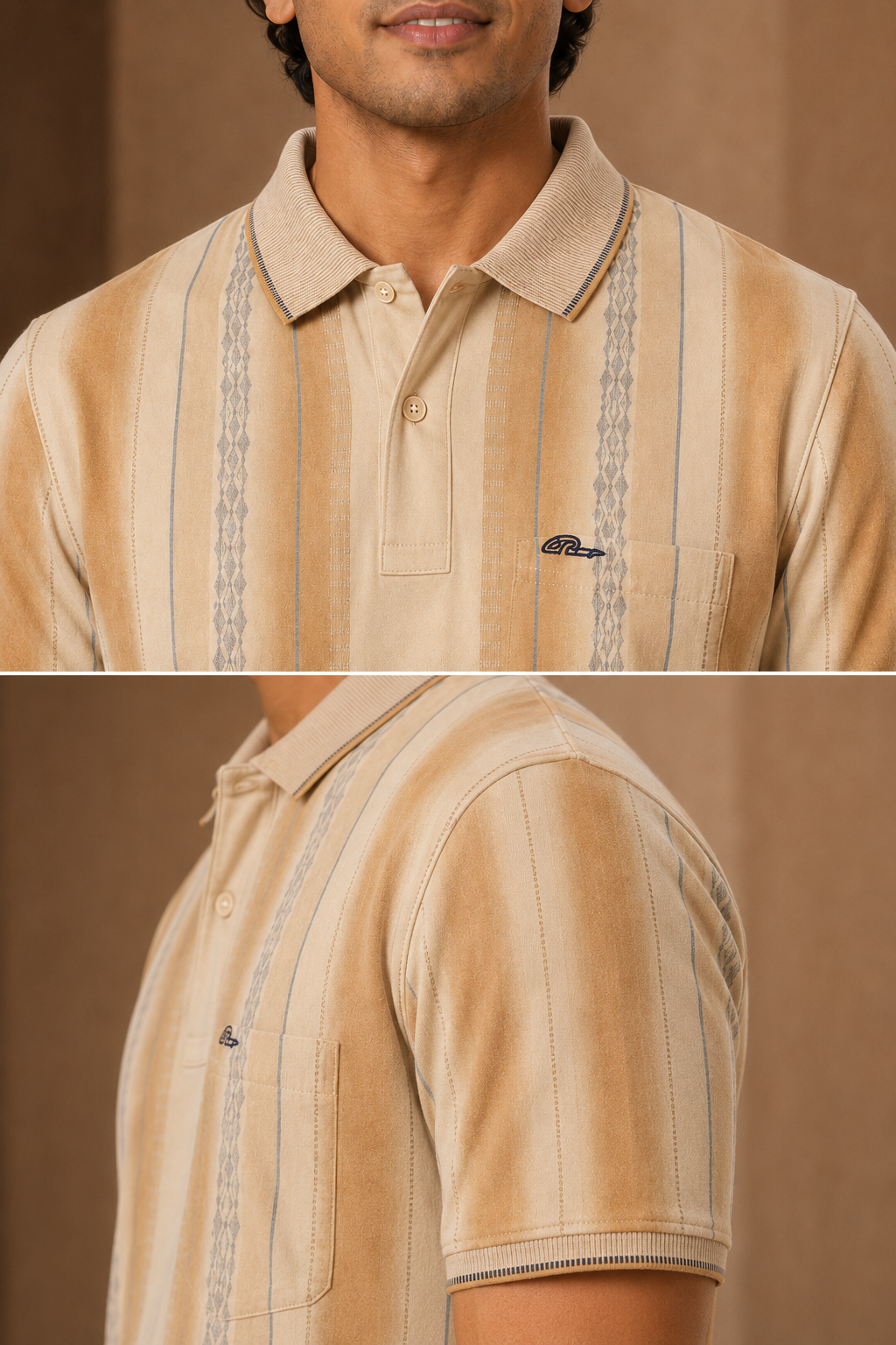 Men’s Beige Vertical Stripe Polo T-Shirt