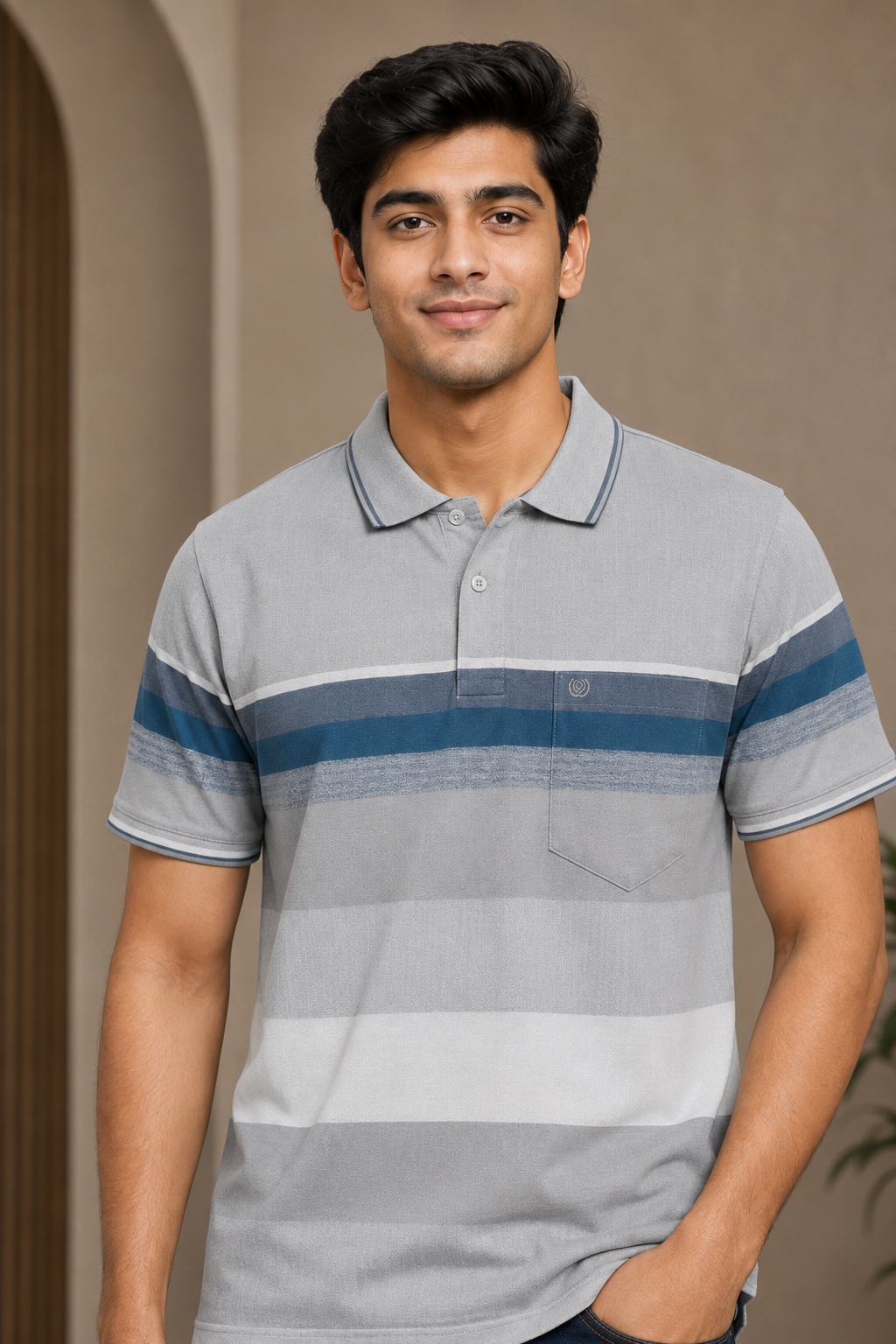 Men’s Grey & Blue Horizontal Stripe Polo T-Shirt