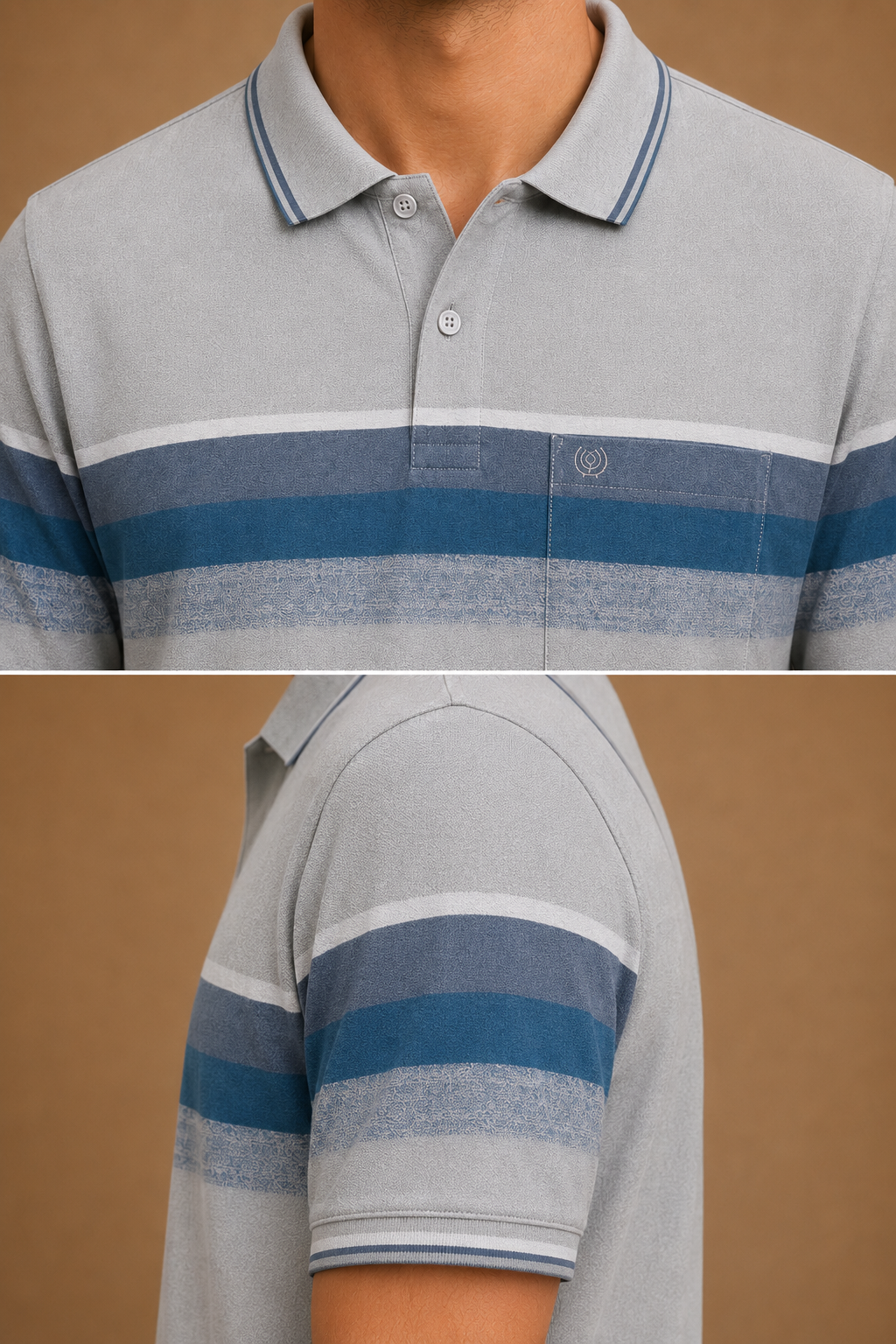 Men’s Grey & Blue Horizontal Stripe Polo T-Shirt