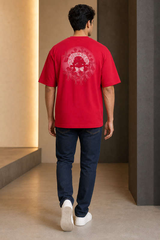 Crimson Red Oversized Graphic Print T-Shirt
