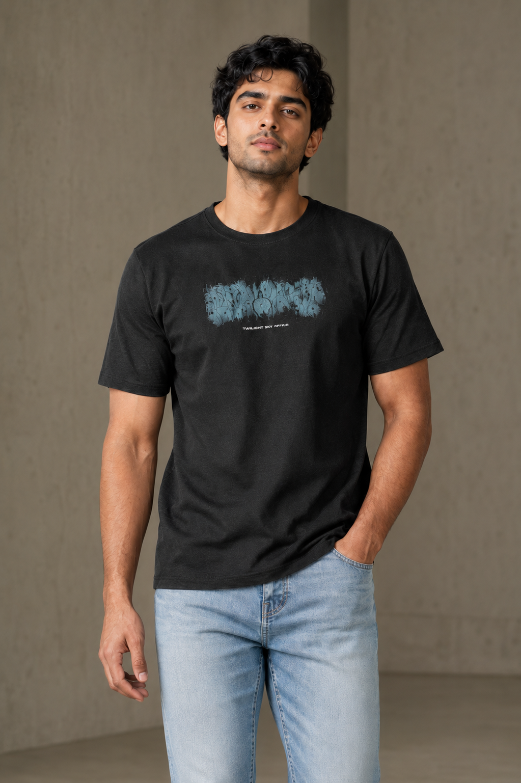 Men’s Black Graphic Print Round-Neck T-Shirt