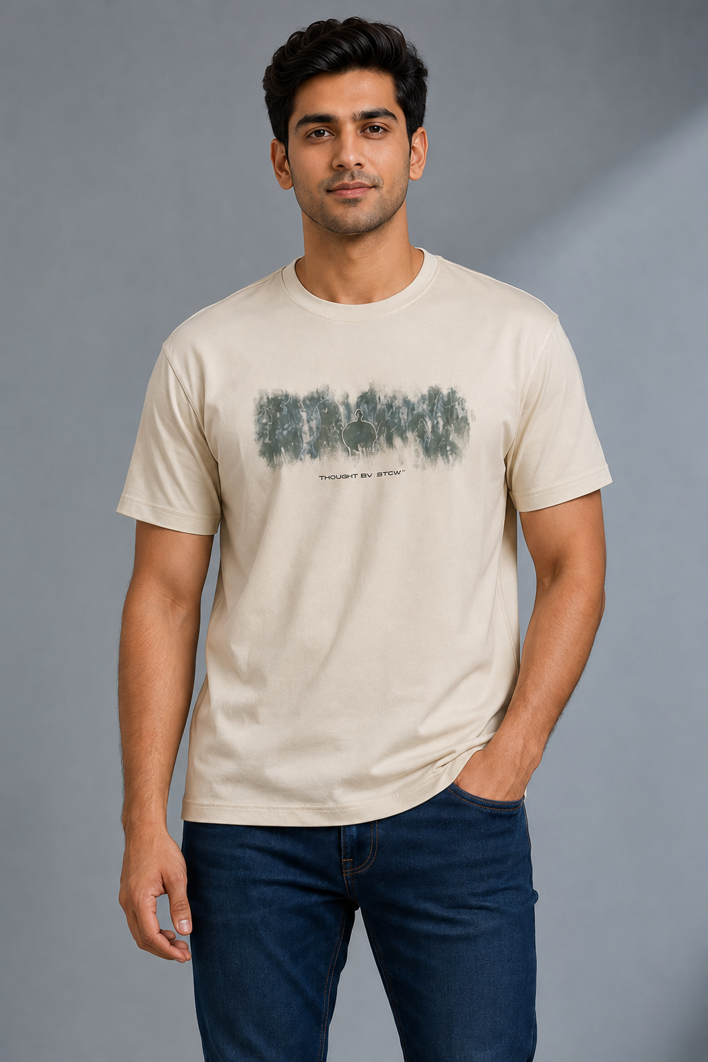 Men’s Cream Graphic Print Round-Neck T-Shirt