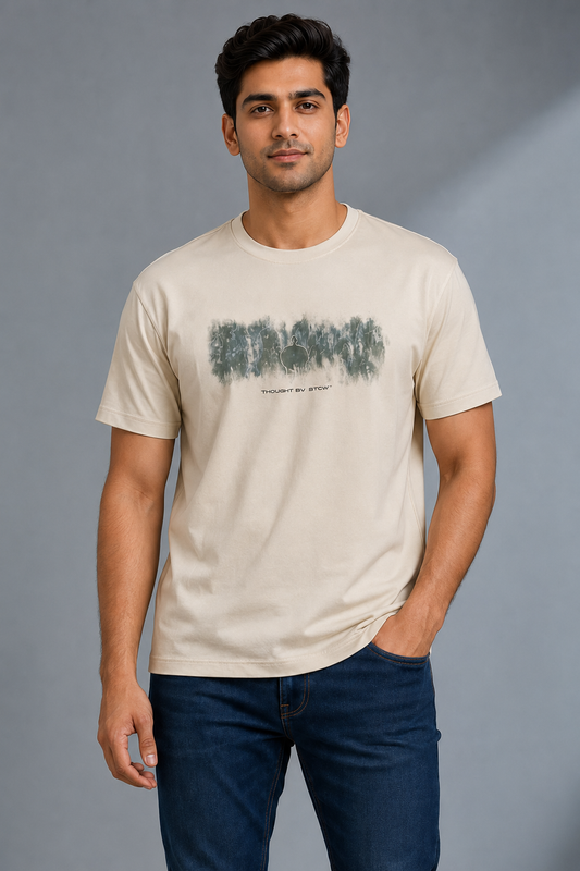 Men’s Cream Graphic Print Round-Neck T-Shirt