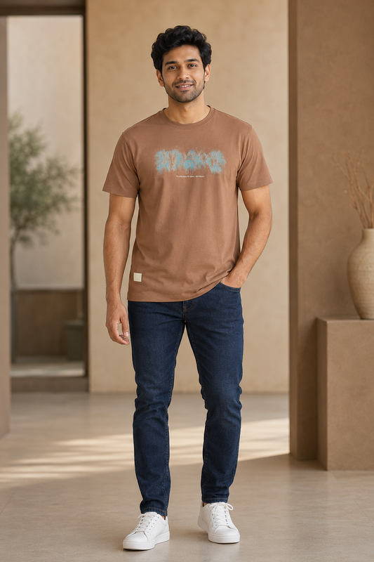 Men’s Brown Abstract Graphic Round-Neck T-Shirt
