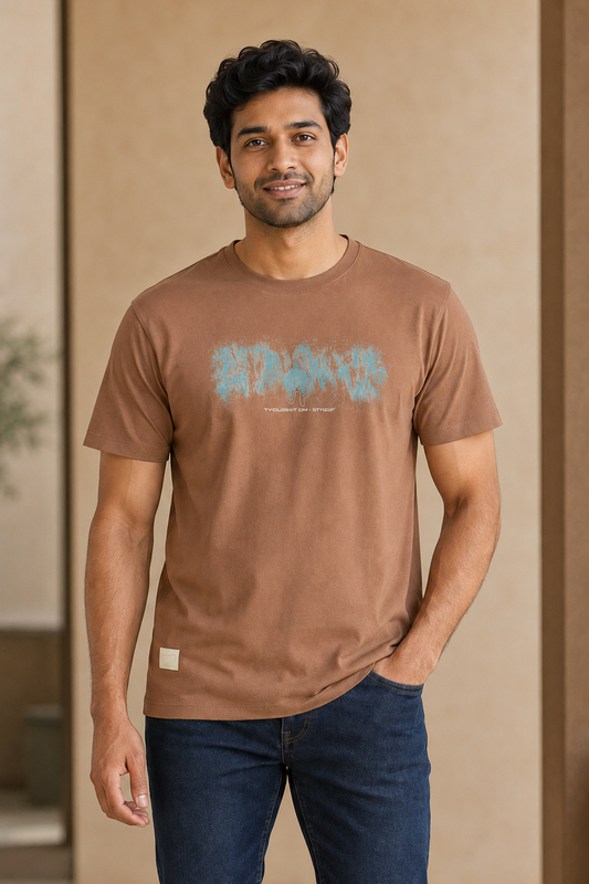 Men’s Brown Abstract Graphic Round-Neck T-Shirt