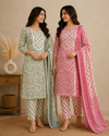 Elegant Olive Green Printed Cotton Kurta Set with Dupatta