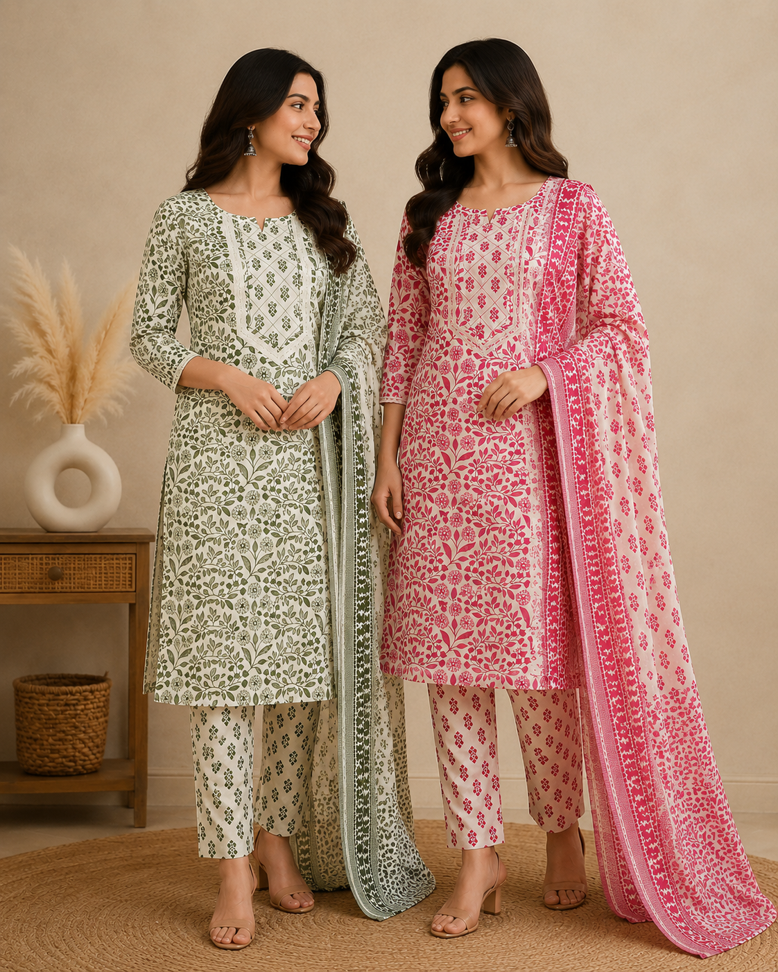 Elegant Olive Green Printed Cotton Kurta Set with Dupatta