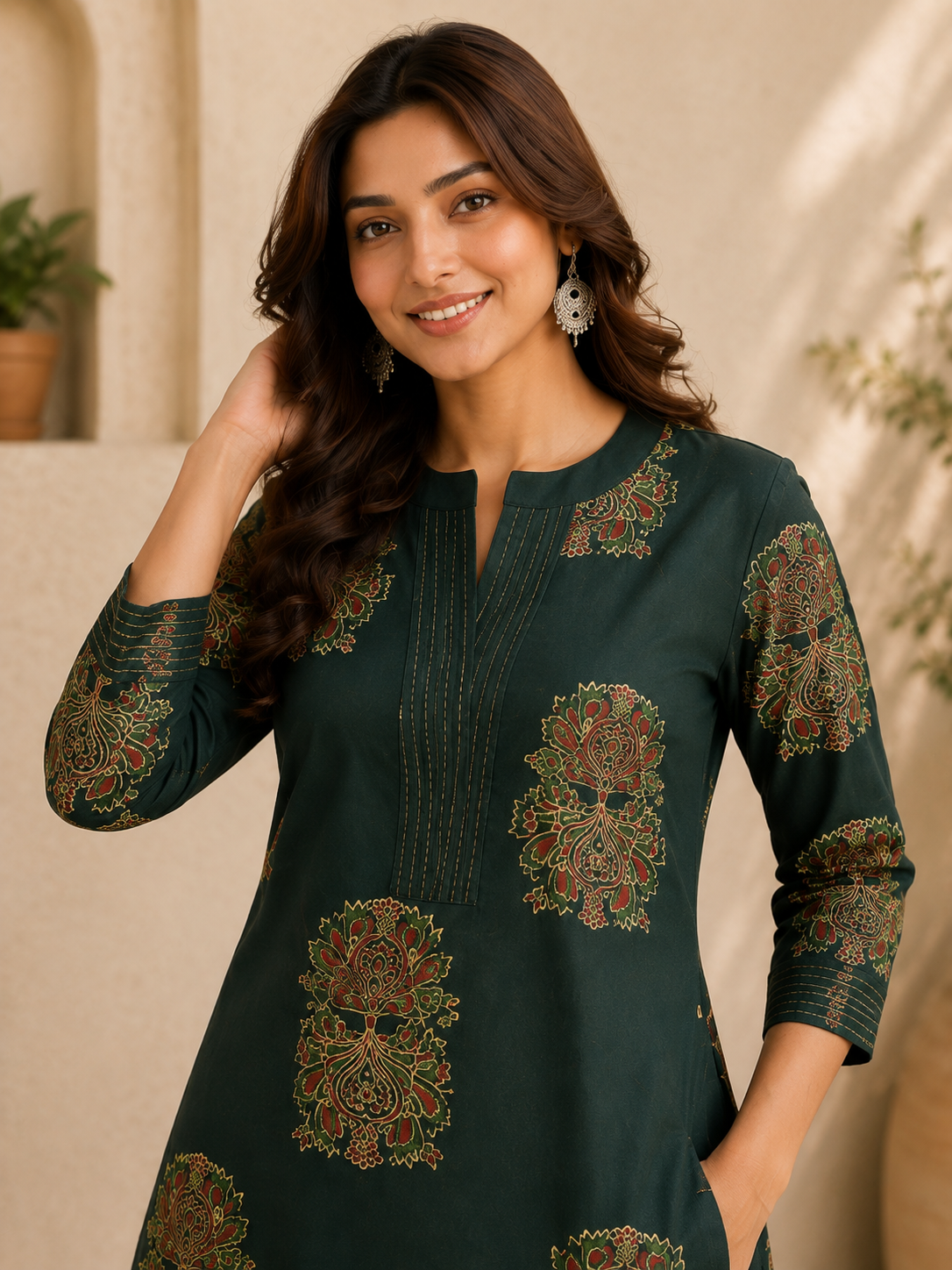 Women's Dark Green Printed Kurta with Palazzo Set