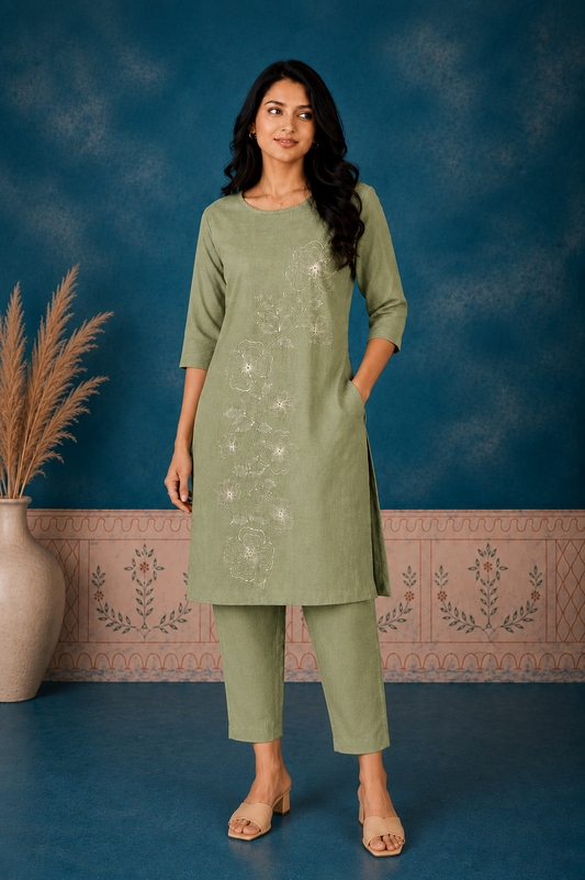 Elegant Brown Embroidered Kurti Pant Set for Women | 3/4 Sleeve