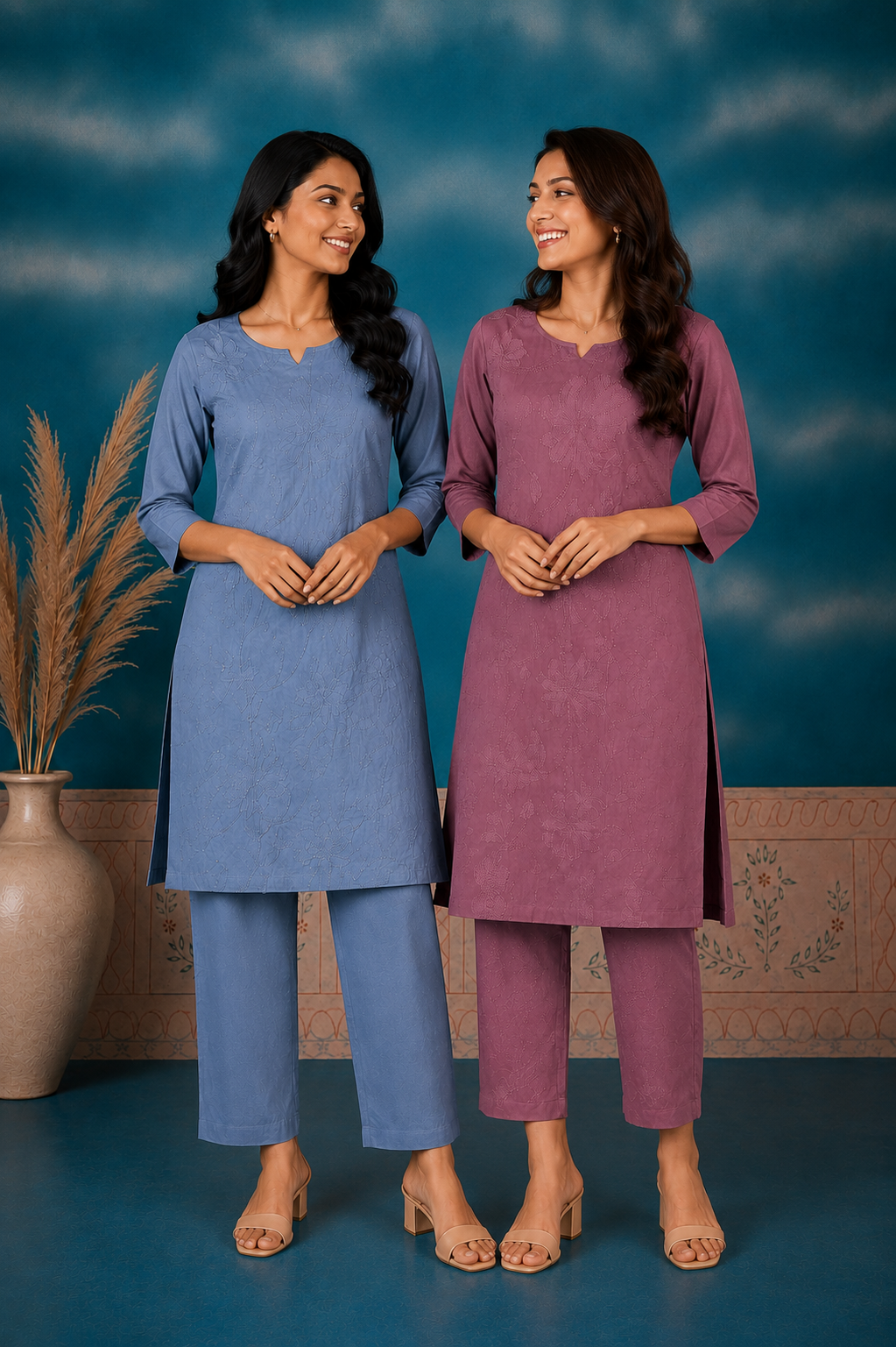 Women's Mauve Floral Embroidered Kurti Pant Co-ord Set