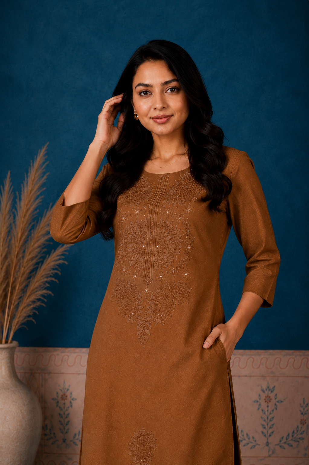 Elegant Brown Embroidered Kurti Pant Set for Women | 3/4 Sleeve