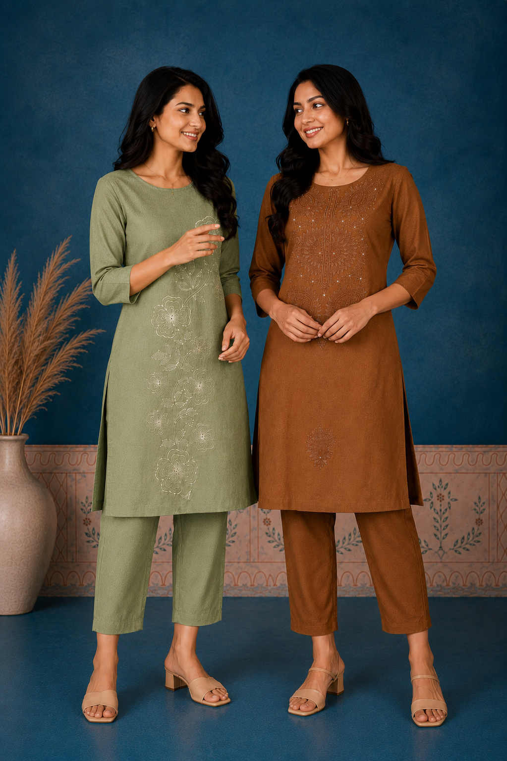 Elegant Brown Embroidered Kurti Pant Set for Women | 3/4 Sleeve