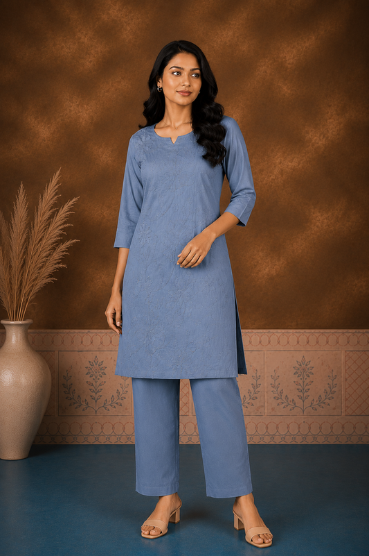 Women's Mauve Floral Embroidered Kurti Pant Co-ord Set