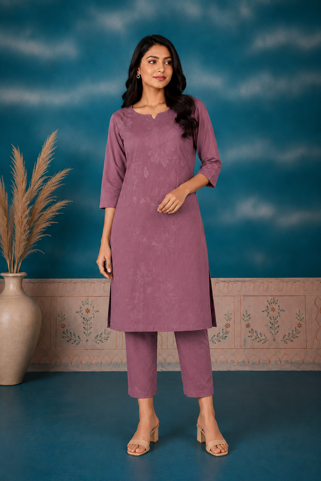 Women's Mauve Floral Embroidered Kurti Pant Co-ord Set