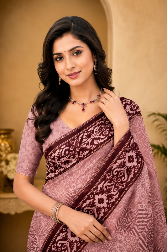 Graceful Lavender Printed Saree with Rich Purple Designer Border