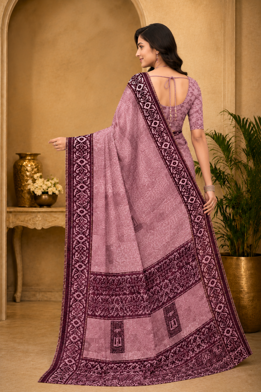 Graceful Lavender Printed Saree with Rich Purple Designer Border