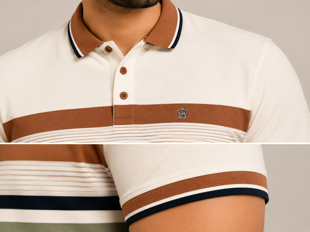 Men's Premium Stripe Polo T-Shirt – Off White & Coffee Brown