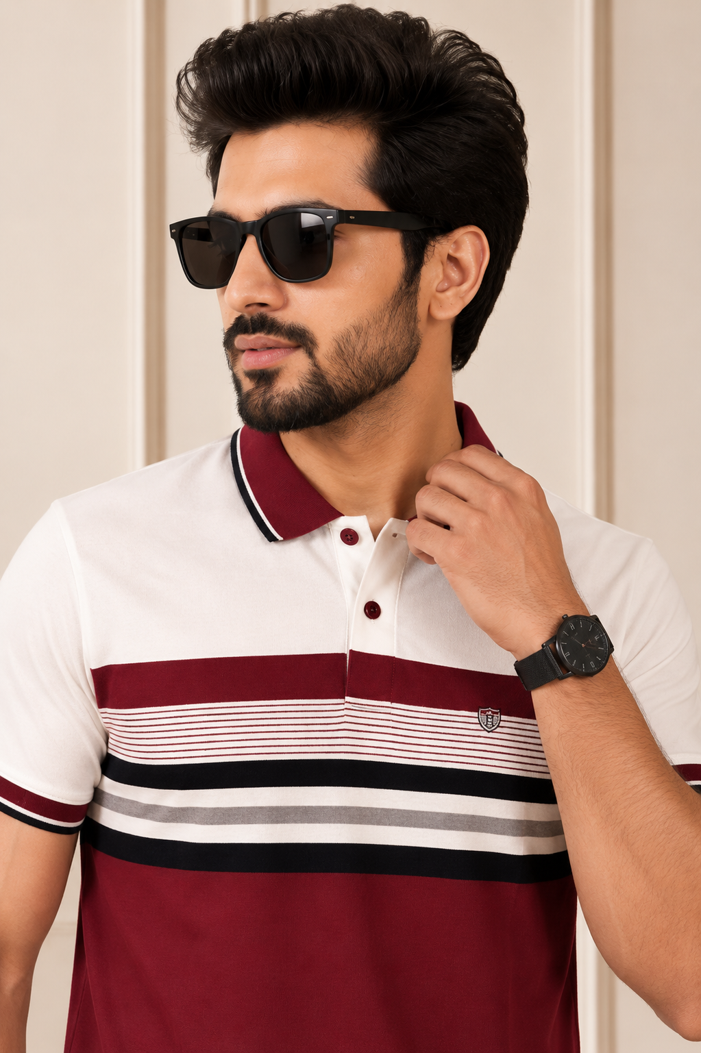 Classic Burgundy Stripe Polo T-Shirt for Men