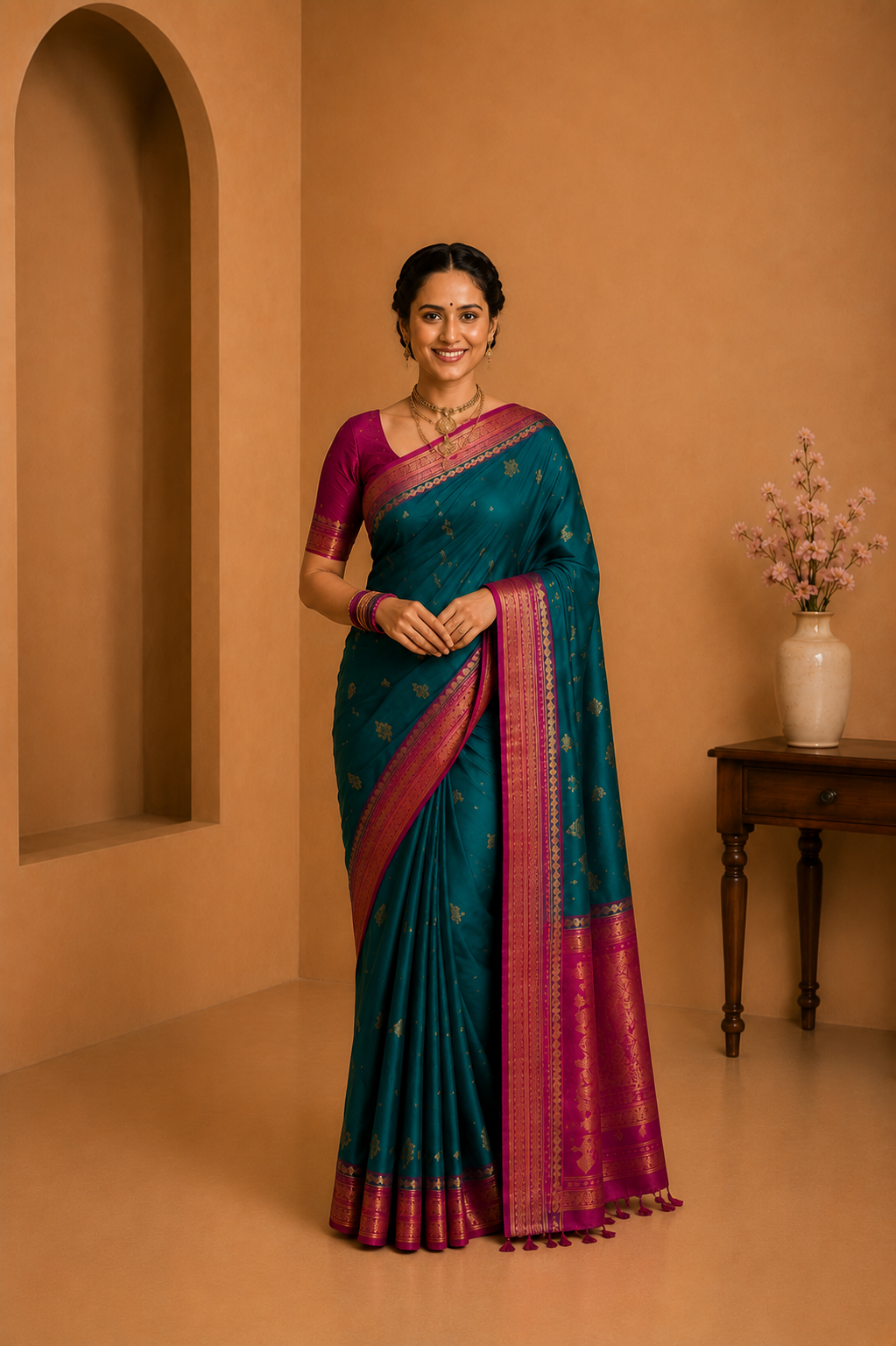 Royal Purple Silk Saree with Green Zari Border