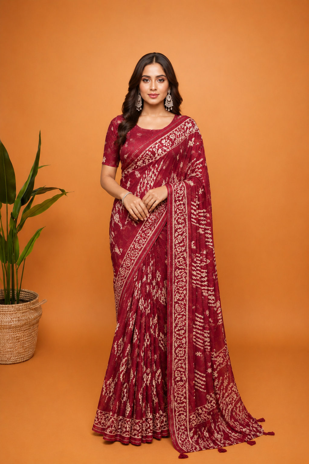 Maroon Ethnic Printed Saree with Traditional Border Design
