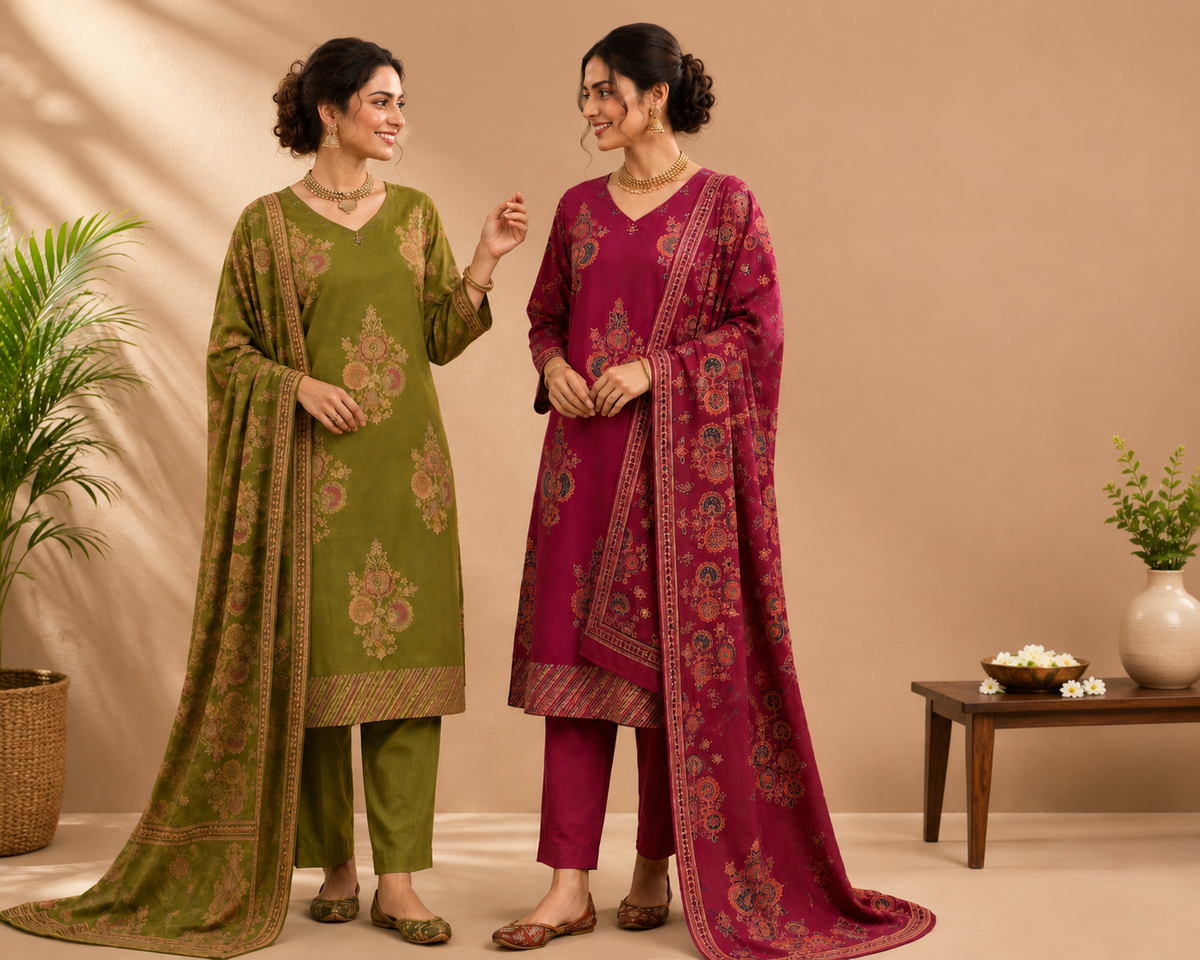 Elegant Olive Green Floral Printed Kurta Pant & Dupatta Set for Women